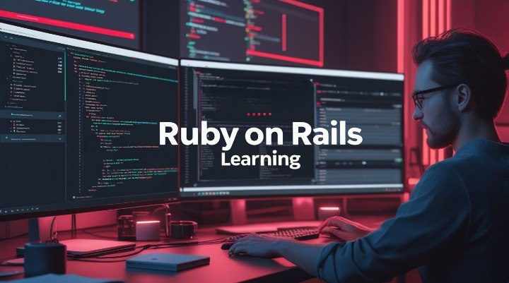 Person working on a computer with 'Ruby on Rails Learning' text displayed