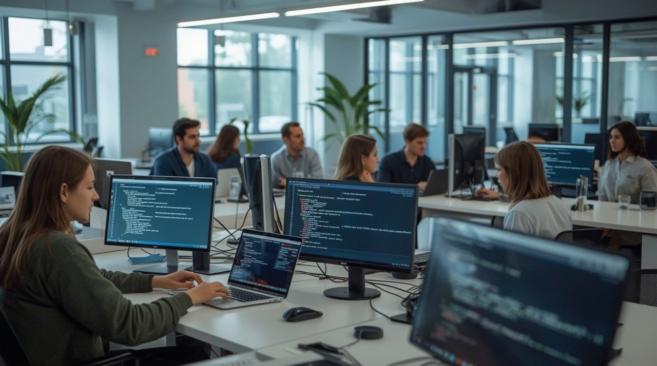 People working at computers in a modern office setting