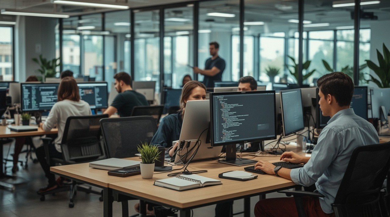 People working at computers in a modern office setting