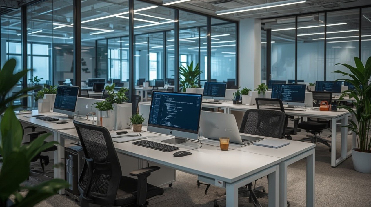 Modern office with desks, computers, and plants