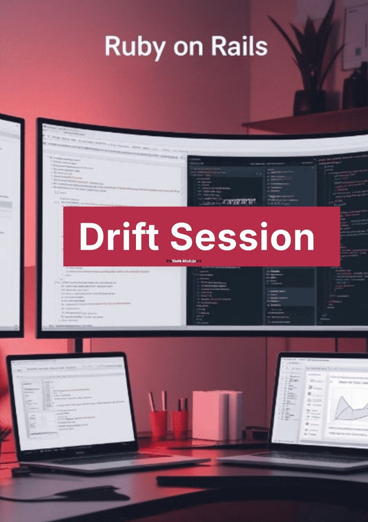 Multiple computer monitors displaying code with 'Ruby on Rails Drift Session' text.