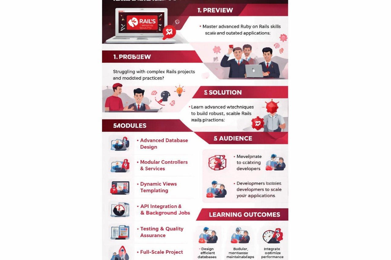 Course overview for Ruby on Rails with modules and learning outcomes on a white background