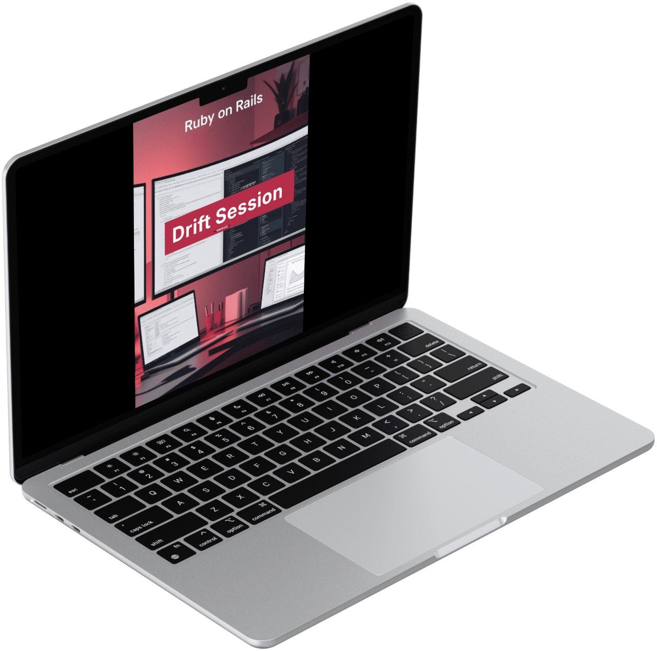 Laptop with a Ruby on Rails presentation on the screen