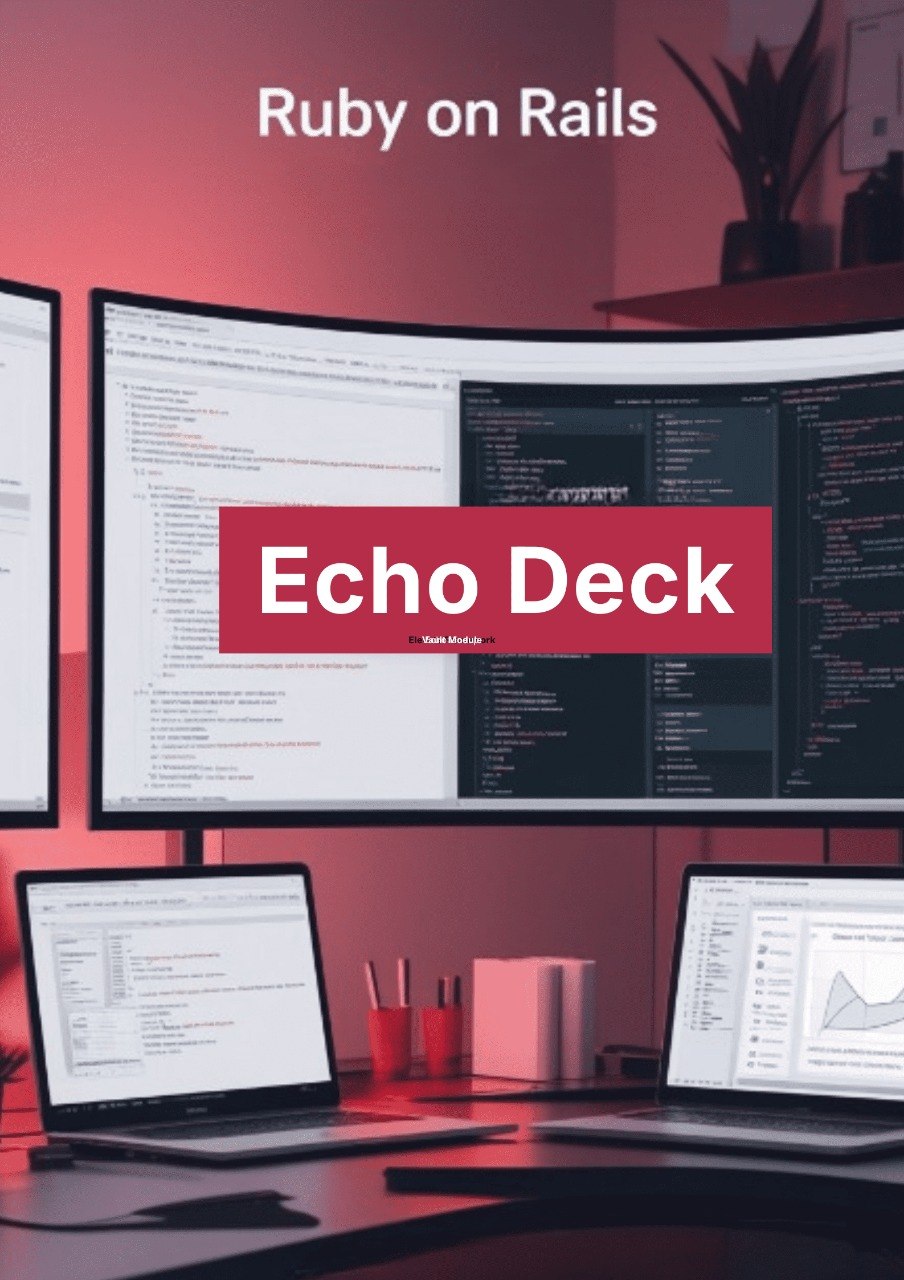 Multiple computer monitors displaying code with 'Echo Deck' and 'Ruby on Rails' text.
