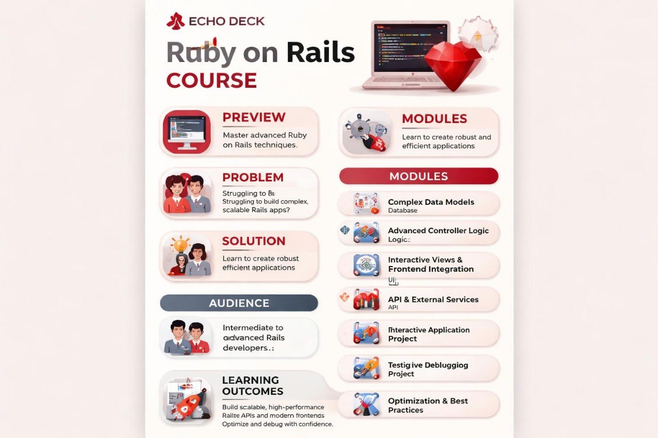 Echo Deck Ruby on Rails course overview with modules and learning outcomes.