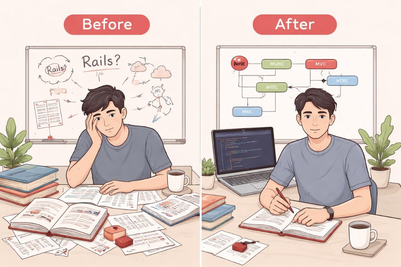 Illustration of a person studying 'Rails' before and after using a laptop.
