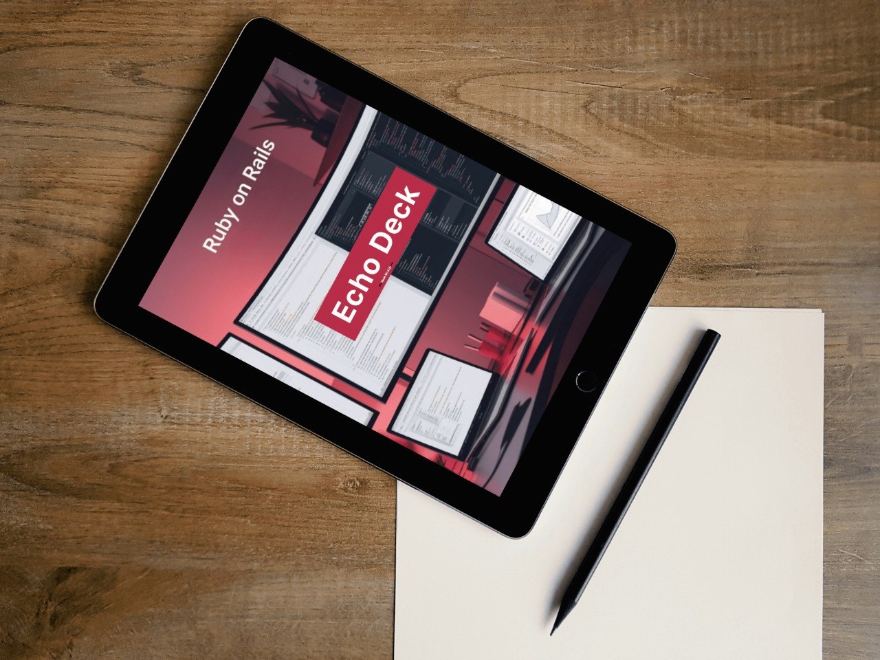 Tablet displaying 'Echo Deck' on a wooden surface with a pen and paper.