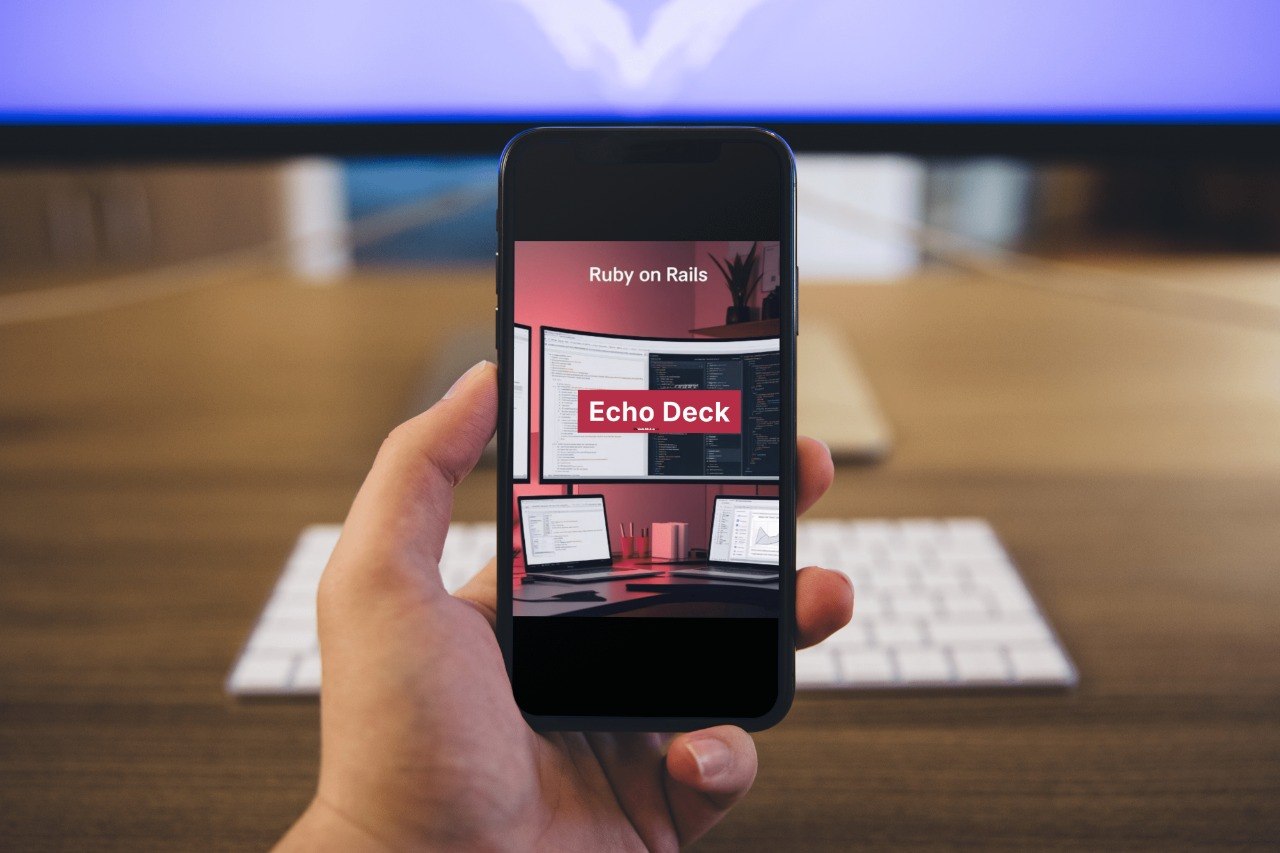 Hand holding a smartphone displaying 'Echo Deck' app with a blurred office background