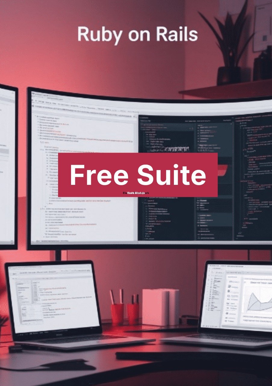 Multiple computer monitors displaying code with a 'Free Suite' banner on a red-themed background.