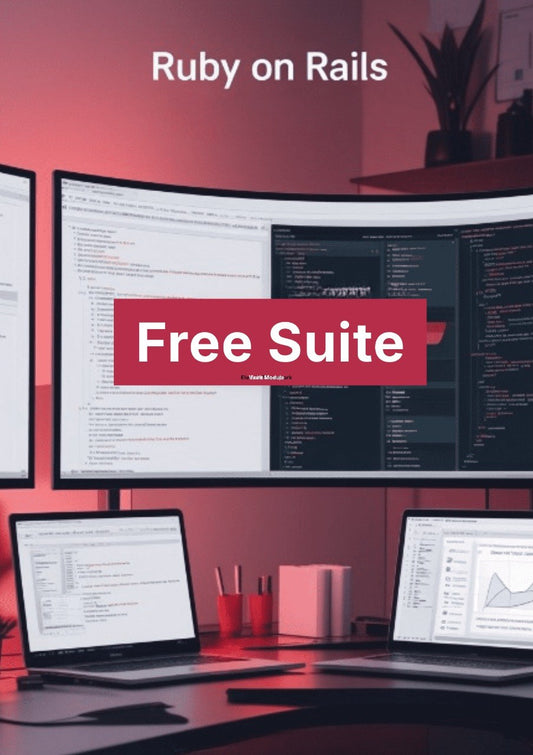 Multiple computer monitors displaying code with a 'Free Suite' banner on a red-themed background.