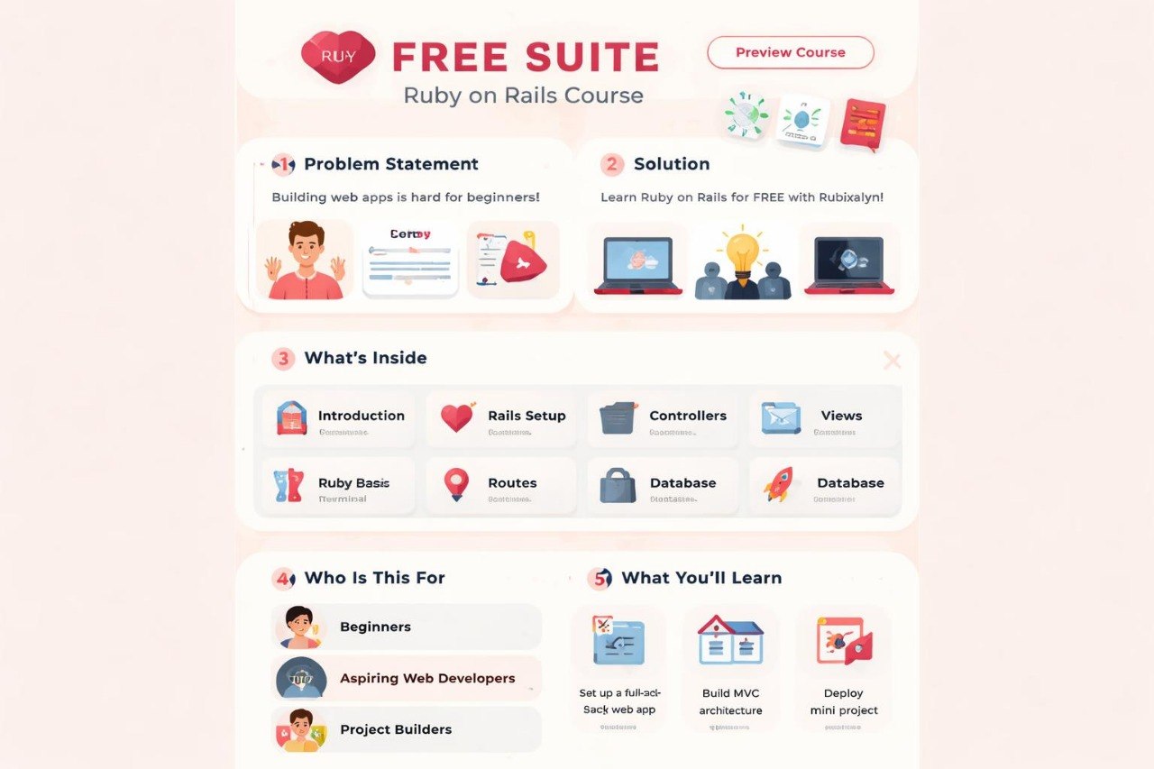 Free Ruby on Rails course introduction with icons and text on a light pink background