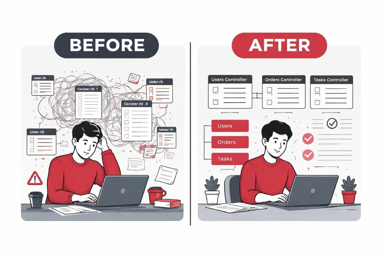 Illustration showing a person working on a laptop with 'Before' and 'After' designs displayed.