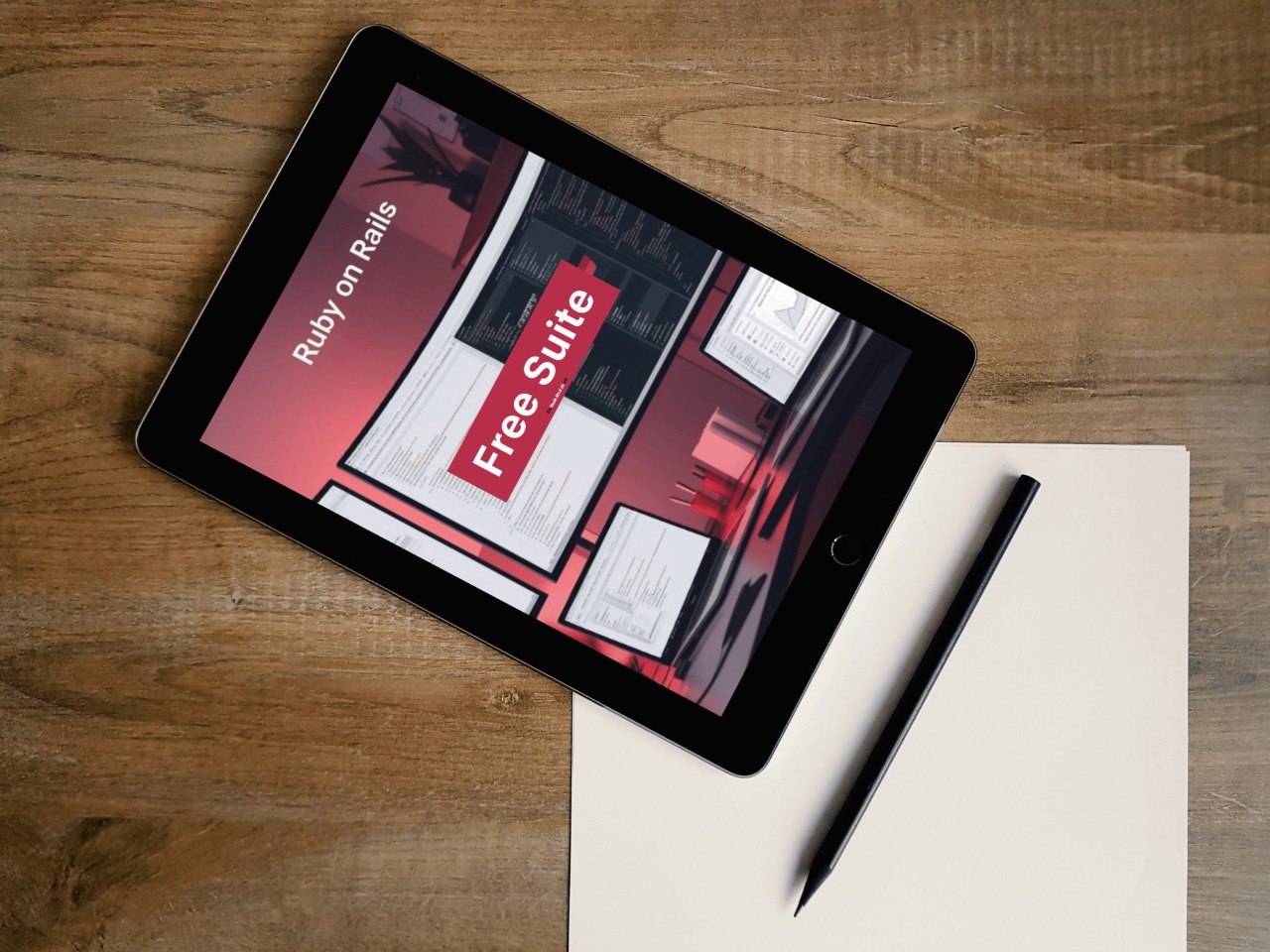 Tablet displaying a Ruby on Rails free suite on a wooden surface with a pen and paper.