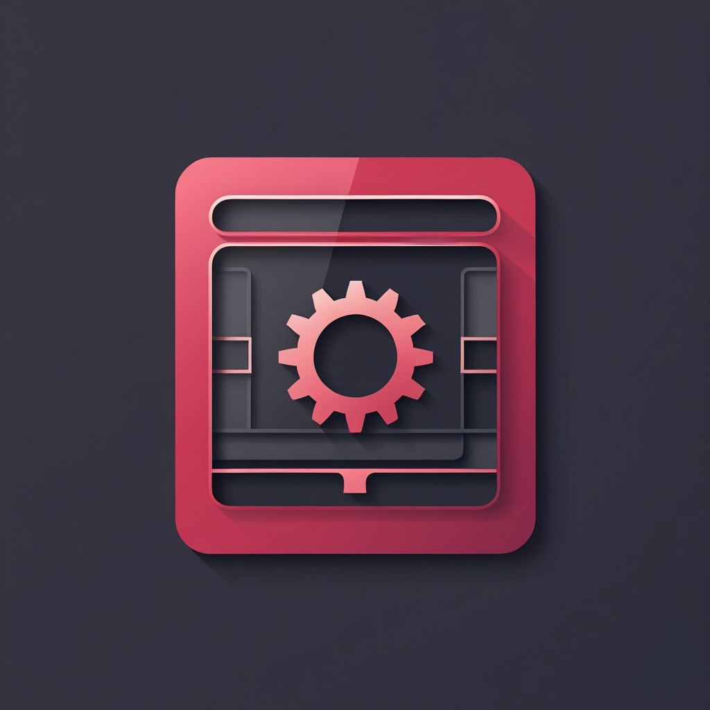 Red gear icon inside a square frame on a dark background