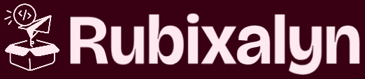 Logo of Rubixalyn with a stylized illustration on a dark red background