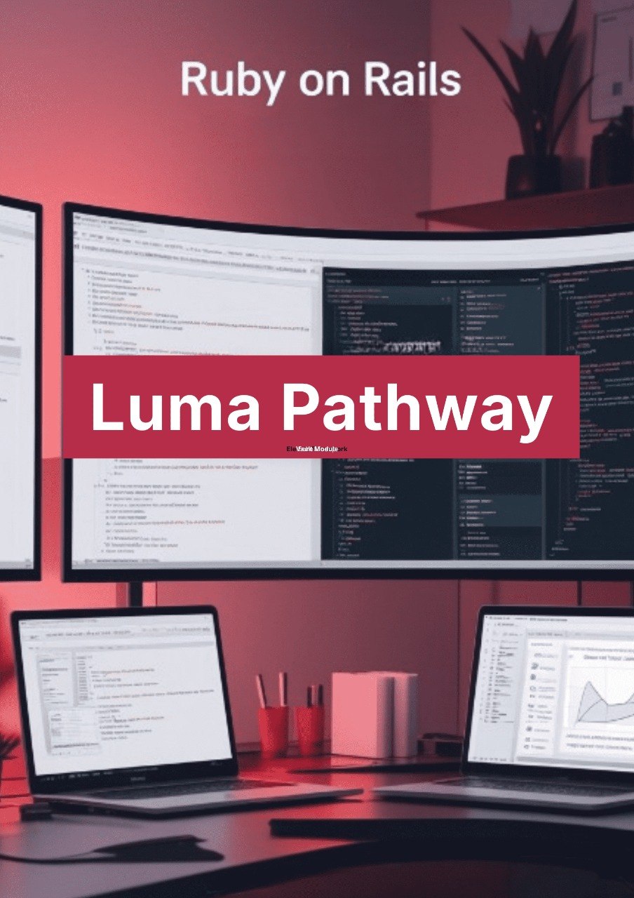 Multiple computer monitors displaying code with 'Luma Pathway' and 'Ruby on Rails' text.