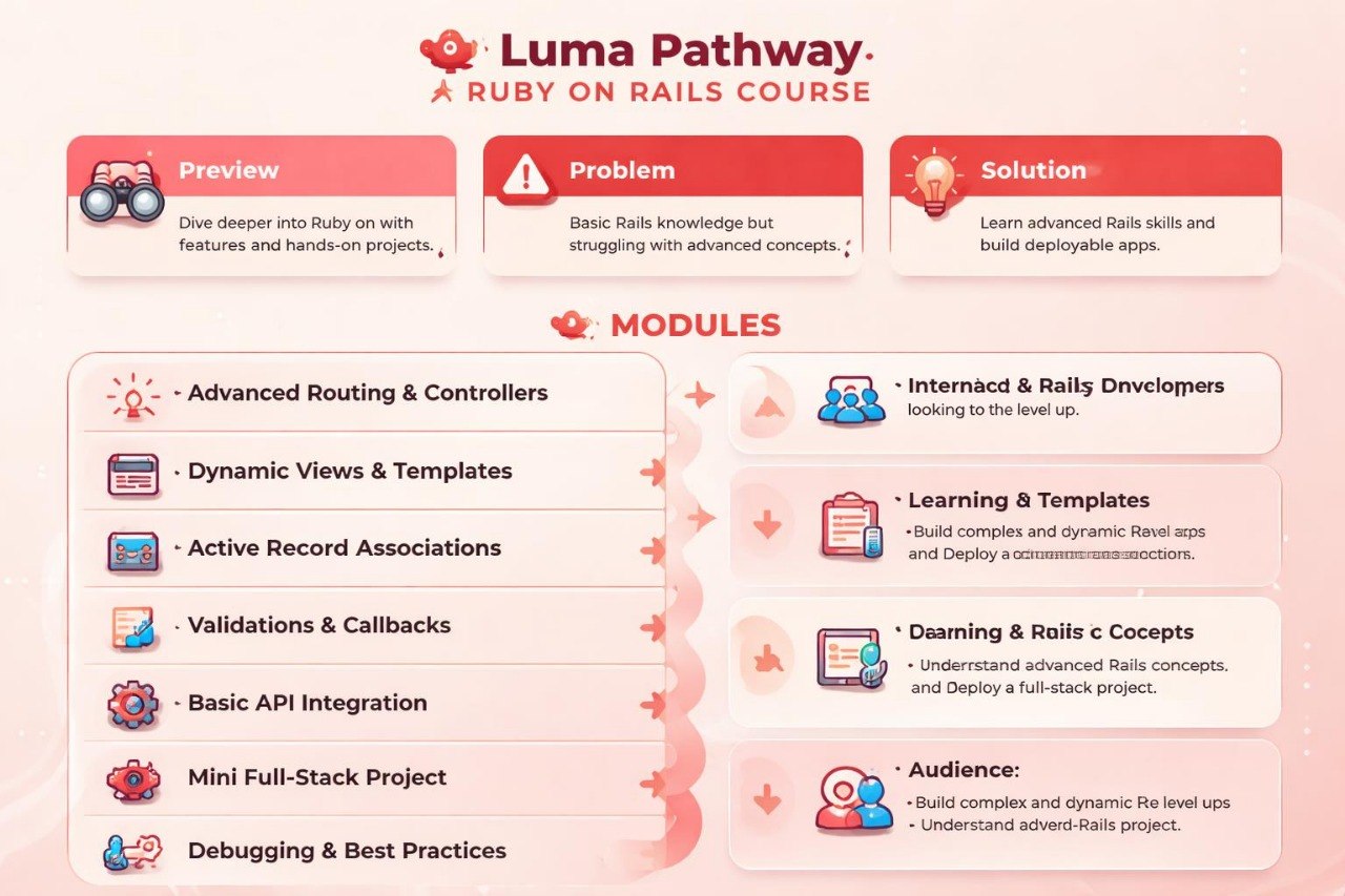 Luma Pathway Ruby on Rails course overview with modules and audience details.
