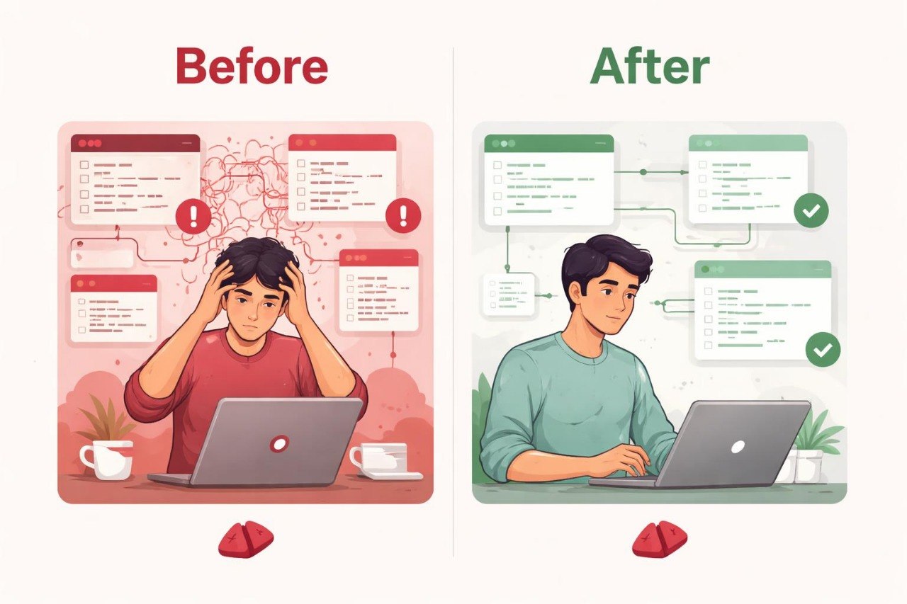 Illustration showing a person before and after using a productivity tool, with 'Before' on the left and 'After' on the right.