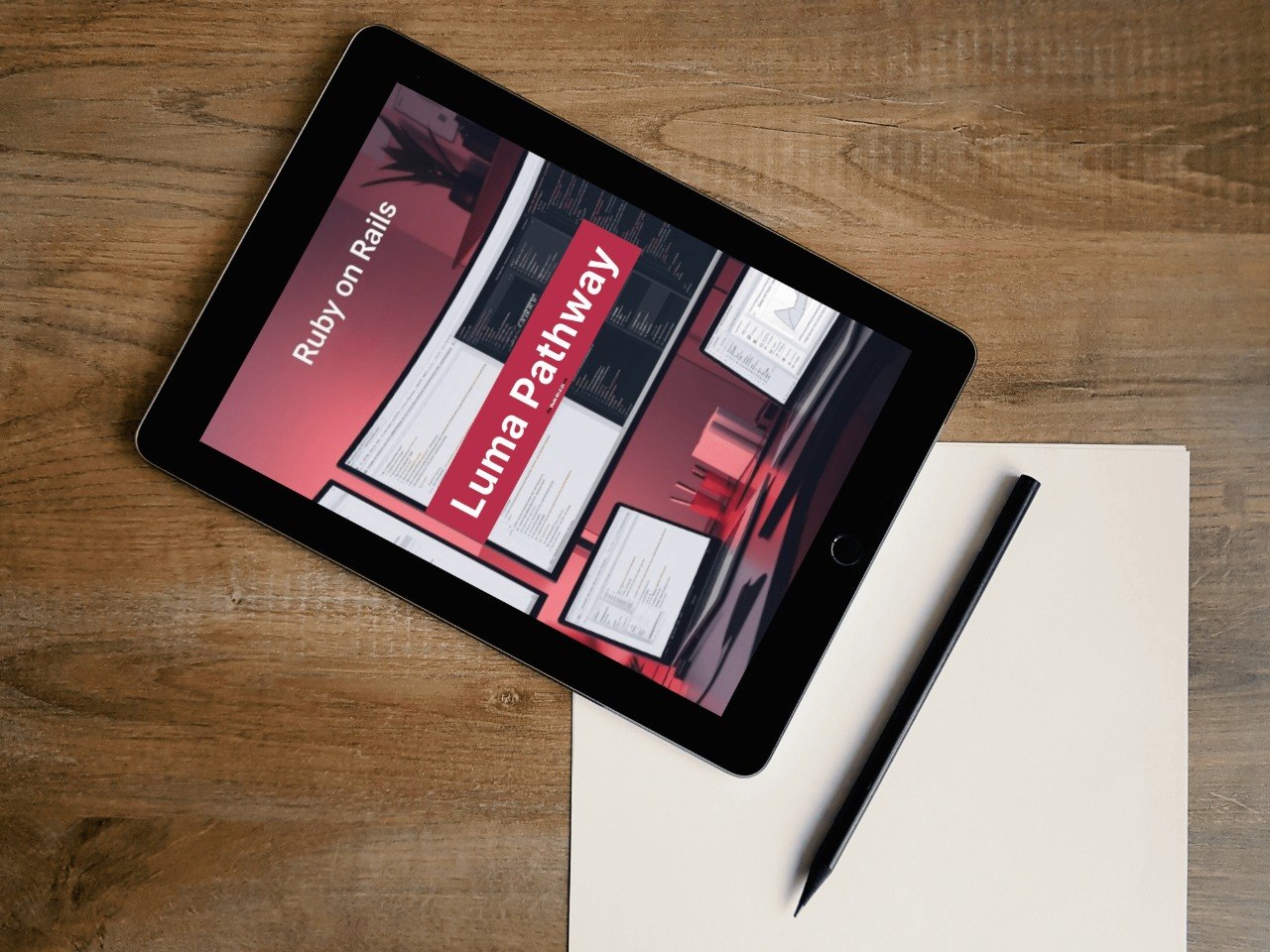 Tablet displaying a webpage on a wooden surface with a pen and paper.