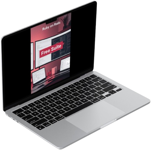 Laptop with a screen displaying 'Ruby on Rails' and 'Free Suite' text.