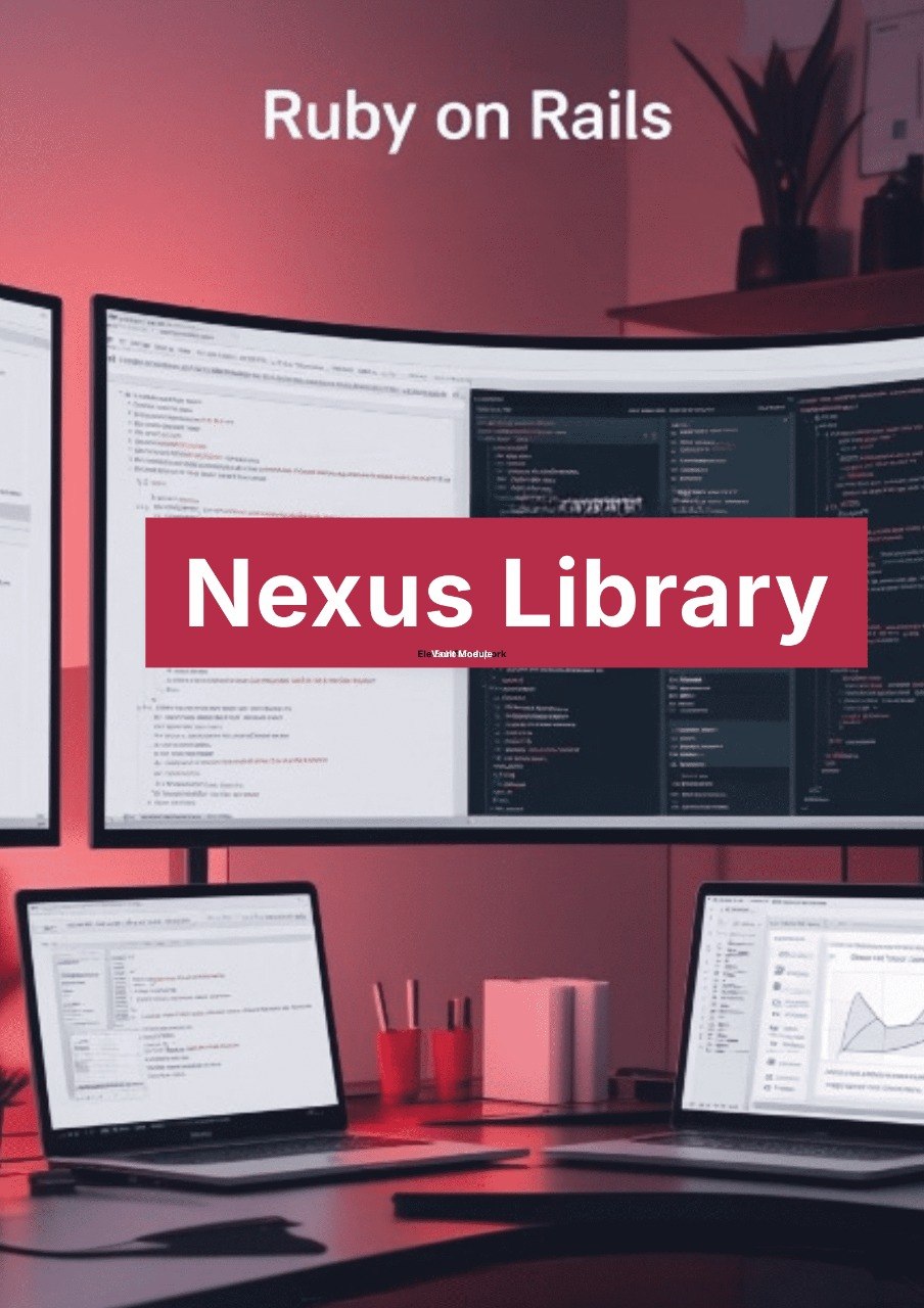 Multiple computer monitors displaying code with 'Ruby on Rails' and 'Nexus Library' text.