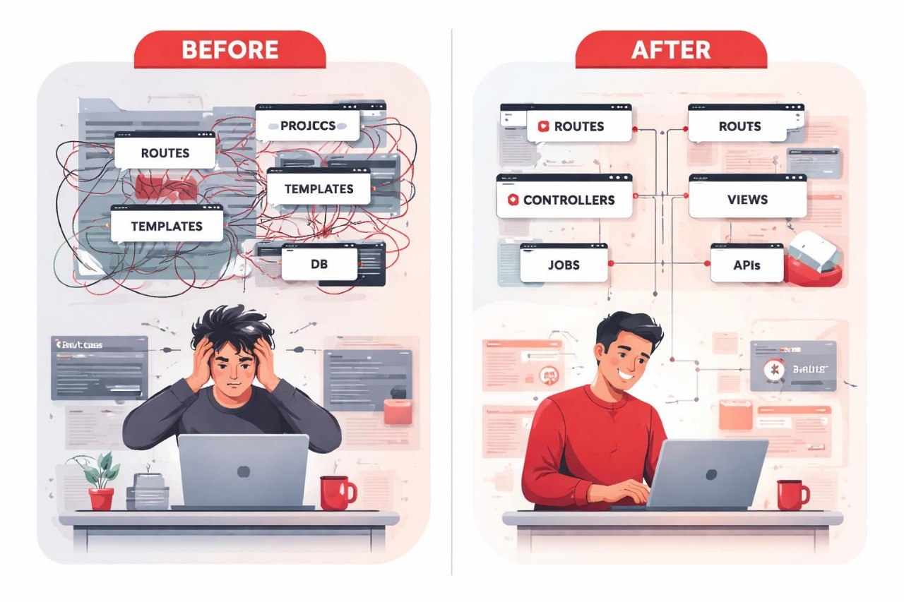 Illustration showing a before and after comparison of a software development process.