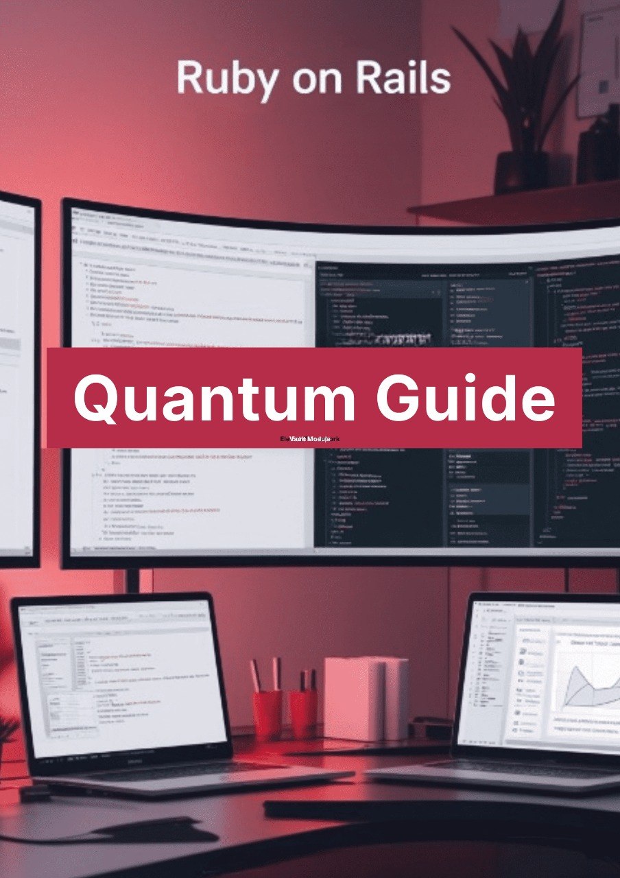 Multiple computer monitors displaying code with 'Ruby on Rails Quantum Guide' text.
