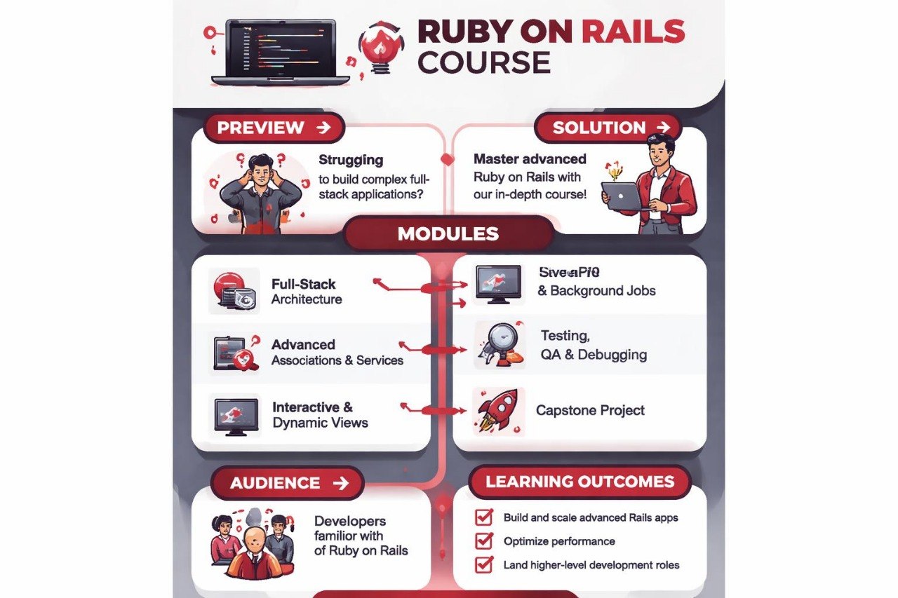 Ruby on Rails course overview with modules and learning outcomes.