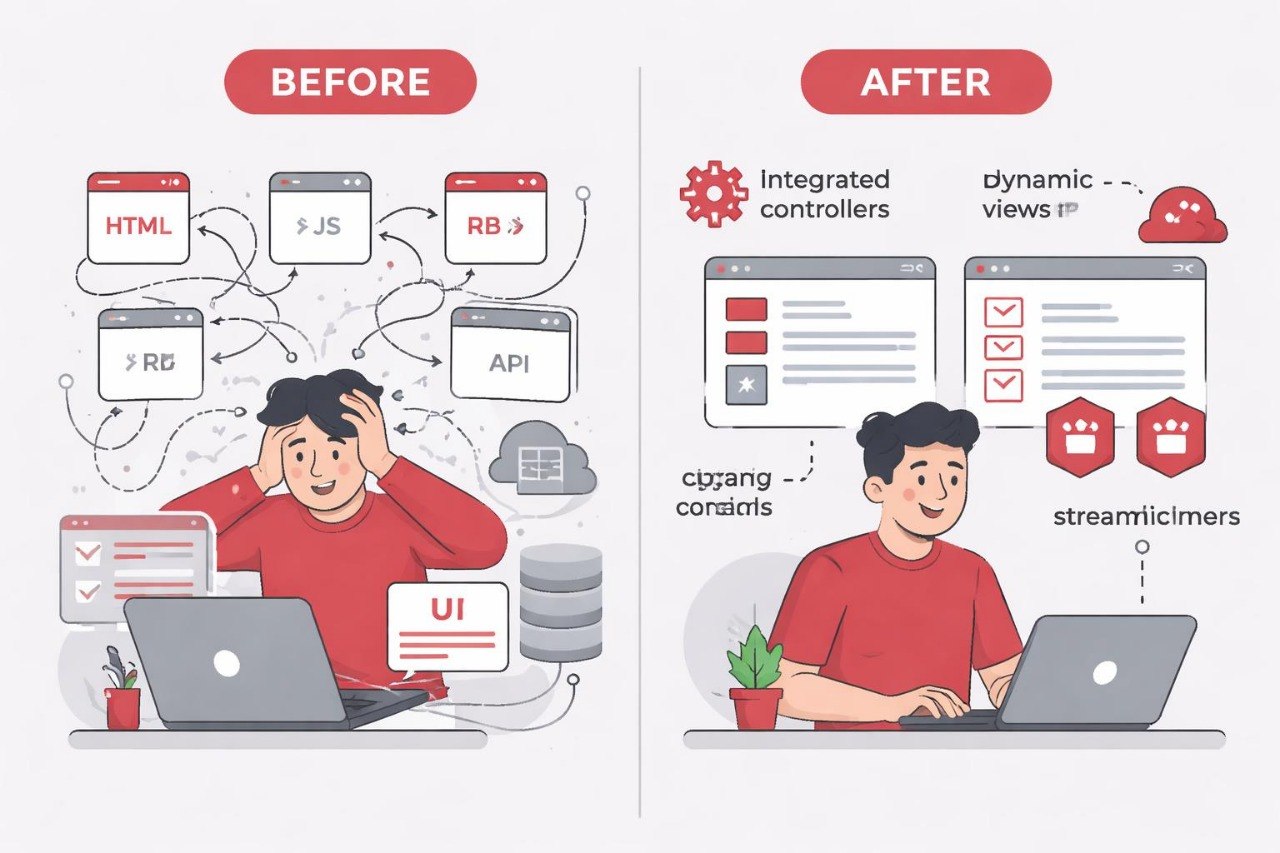 Illustration showing a person with a stressed expression before and a relieved expression after using integrated controllers and dynamic views.