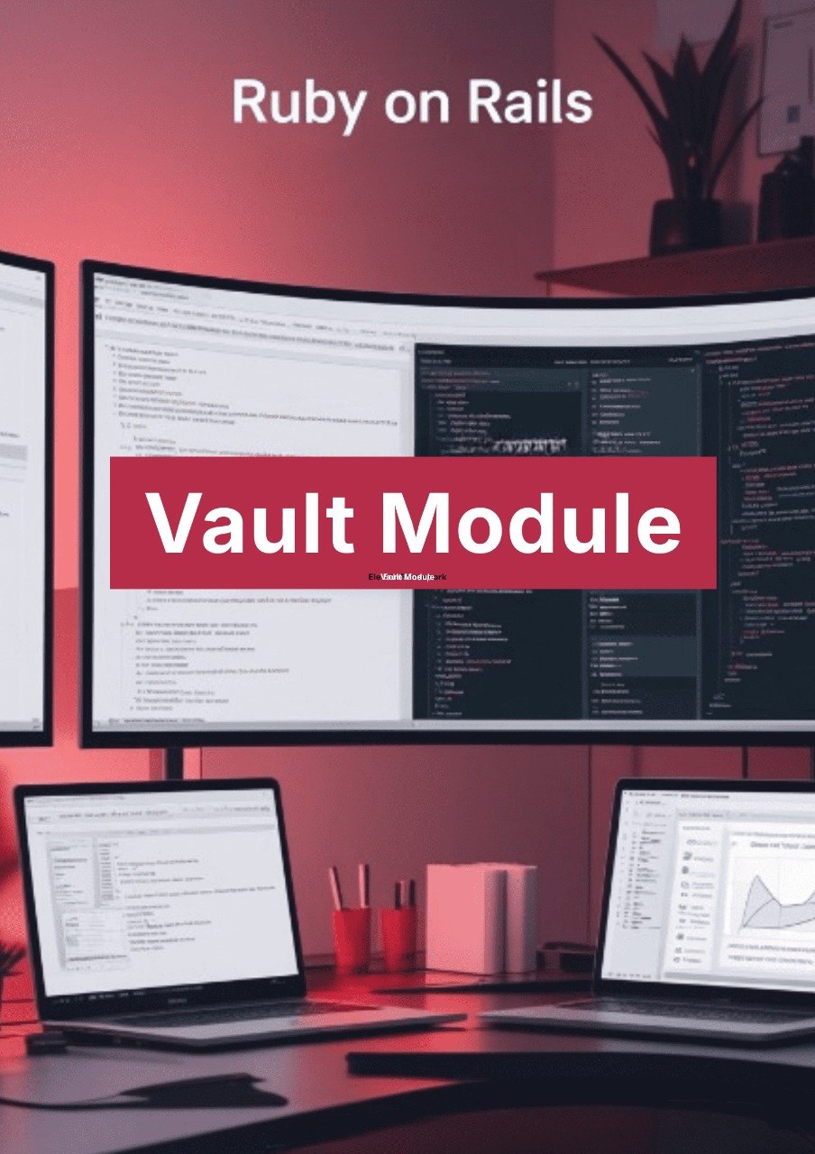 Workstation with multiple monitors displaying Ruby on Rails code, with a red accent and 'Vault Module' text.