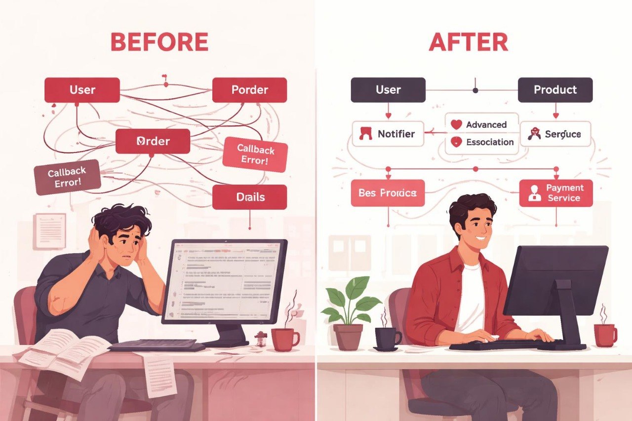 Illustration showing a person before and after using a software tool with improved workflow.