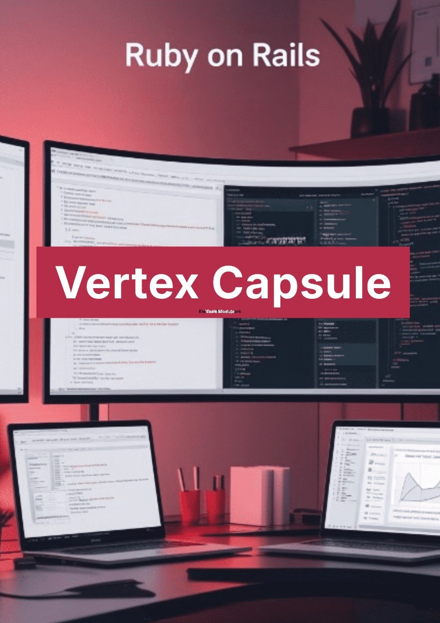 Workstation with multiple monitors displaying Ruby on Rails code, with 'Vertex Capsule' branding.