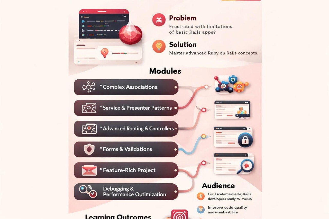 Educational infographic about mastering advanced Ruby on Rails concepts with modules and learning outcomes.
