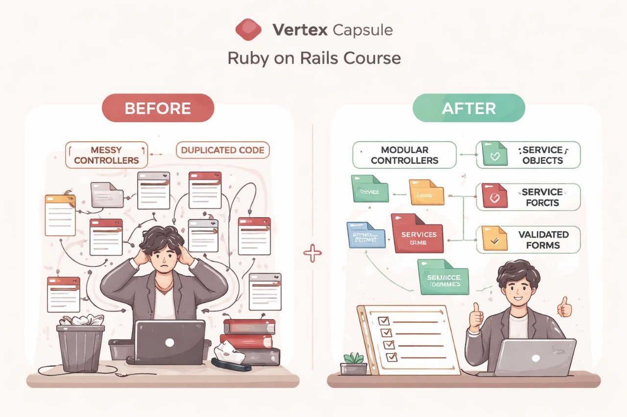 Illustration showing a transformation from messy code structure to a modular design with 'Vertex Capsule Ruby on Rails Course' branding.