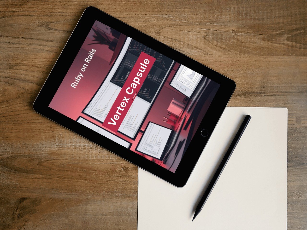 Tablet displaying a Ruby on Rails course with a pen and paper on a wooden surface